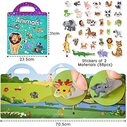 ASTARON 3D Sticker Scenes Book for Kids,88 Pcs Reusable Animals Jelly Stickers for Toddlers, Puffy Sticker Game Educational Sensory Learning Toy, Party Supplies Birthday Gift,4 Fold-Out Choices
