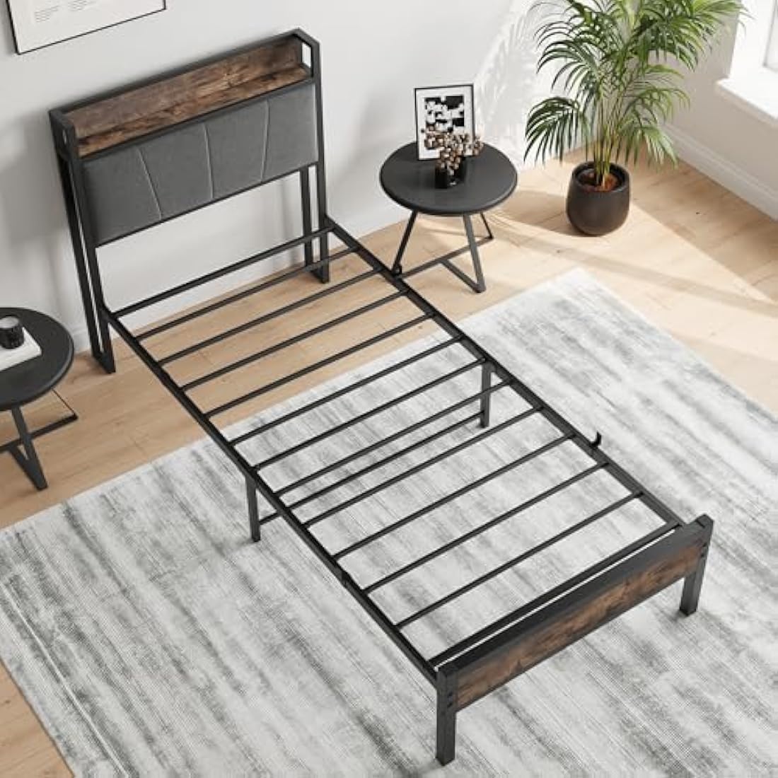BORPHOM 3ft Single Bed Frame with Storage Headboard,Heavy Duty Metal Upholstered Platform Bed Frame,Mattress Foundation/Strong Steel Slat Support/Under-bed Storage/Easy Assembly