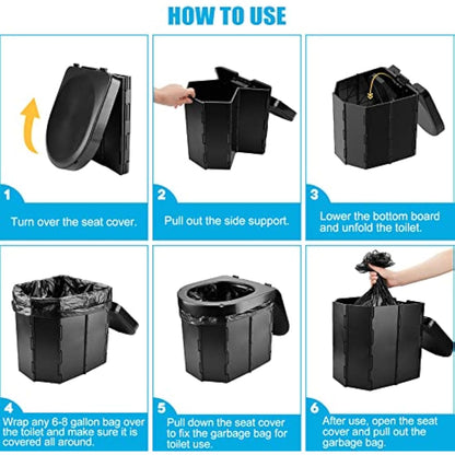 WADEO Upgraded Camping Toilet, Portable Travel WC with Lid Toilet Roll Holder, Perfect for Camping, Trip, Car (Black - Female Urinal + Chemical Bags)