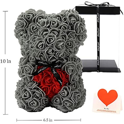 Gifts for Women，Birthday Gifts ，Rose Flower Bear-Hand Made Rose Teddy Bear,Best Artificial Decoration Gifts for mom, Gifts for Girls,Unique Gifts,The Perfect Party Clear Gift Box (Gray)