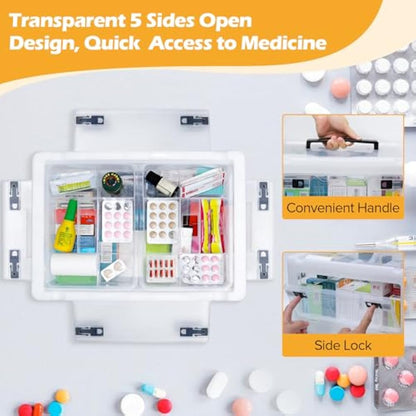 Gifhomfix Extra Large Medicine Storage Box with Handles, First Aid Box Clear Medicine Organiser with Removable Tray, Multipurpose Plastic Medication Storage Box with Wheels