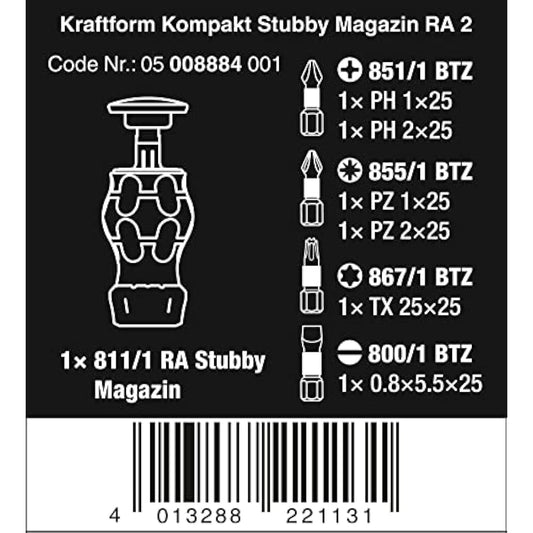 Wera 05008884001 Kraftform Kompakt Stubby Magazine RA 2, Stubby Ratchet Screwdriver with Bit Magazine, 6 Pieces