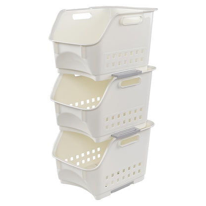 Obstnny 3-Pack Plastic Kitchen Stacking Storage Baskets Racks, White
