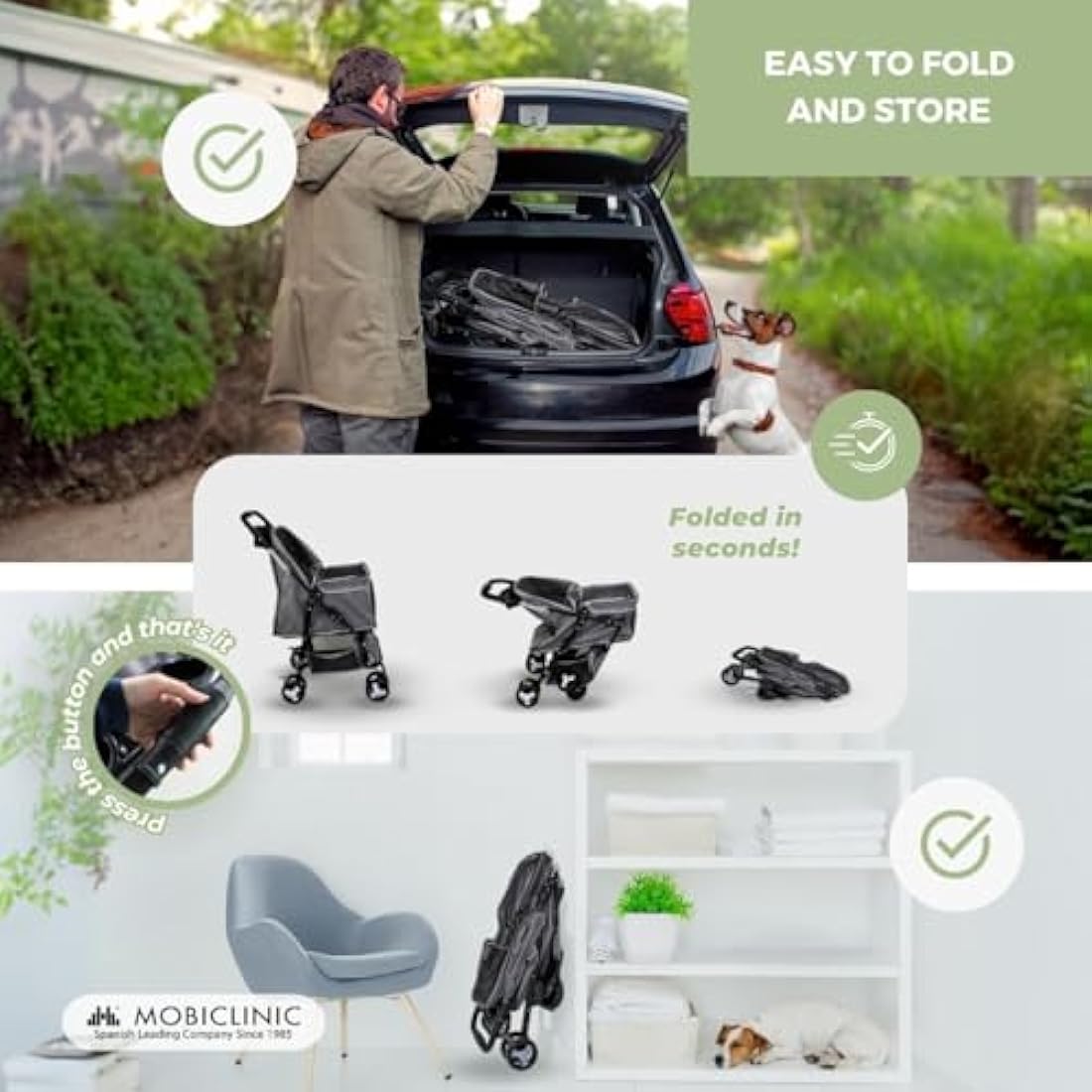 Mobiclinic® Pets Foldable Dog Pram, Up to 15 kg, Ideal for Small Dogs, Pet Stroller, Zuma, Wheels with 360° Brakes, XXL Basket, 3 Windows with Zip and Mosquito Net, Cup Holder
