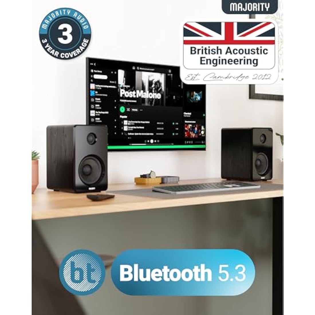 MAJORITY D40 | Active Bluetooth Bookshelf Speakers | Amplified HiFi Speakers with 60W 2.0 Channel 4" Drivers | Powered Studio Loudspeakers with Optical, RCA, USB & AUX Input | Remote Control Included