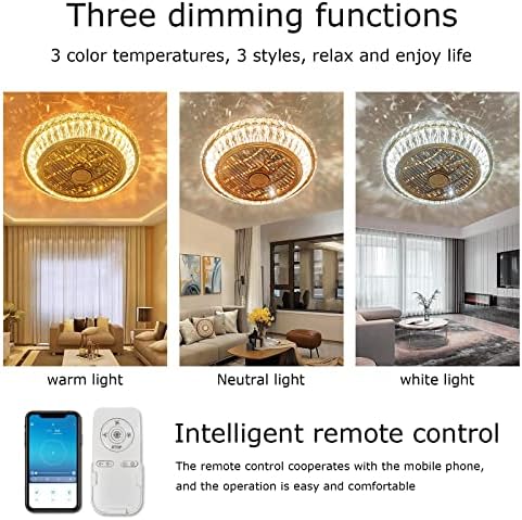 Ceiling Fan with Lamp, Crystal Ceiling Fan with LED Light, 72W Modern LED Dimmable Ceiling Light, Adjustable Wind Speed, with Remote Control, Fan Lighting with air Guide Wheel, 360° air Circulation