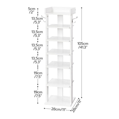 HOOBRO Vertical Shoe Rack, 7 Tier Shoe Storage Organizer with Hooks, Narrow Shoe Rack for 7 Pairs, Space Saving, Stable and Strong, for Entryway