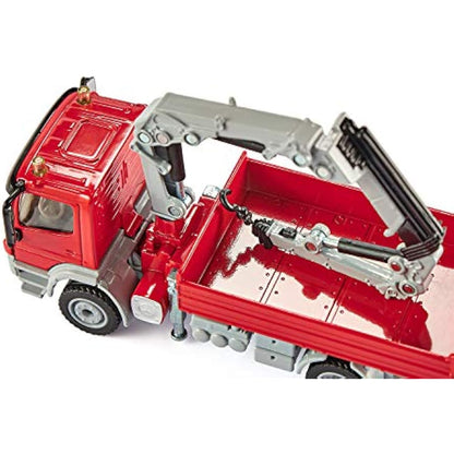 siku 3534, Lorry with Loading Area and Crane, 1:50, Metal,Plastic, Red, Incl. 2 toy figures and 12 traffic barriers