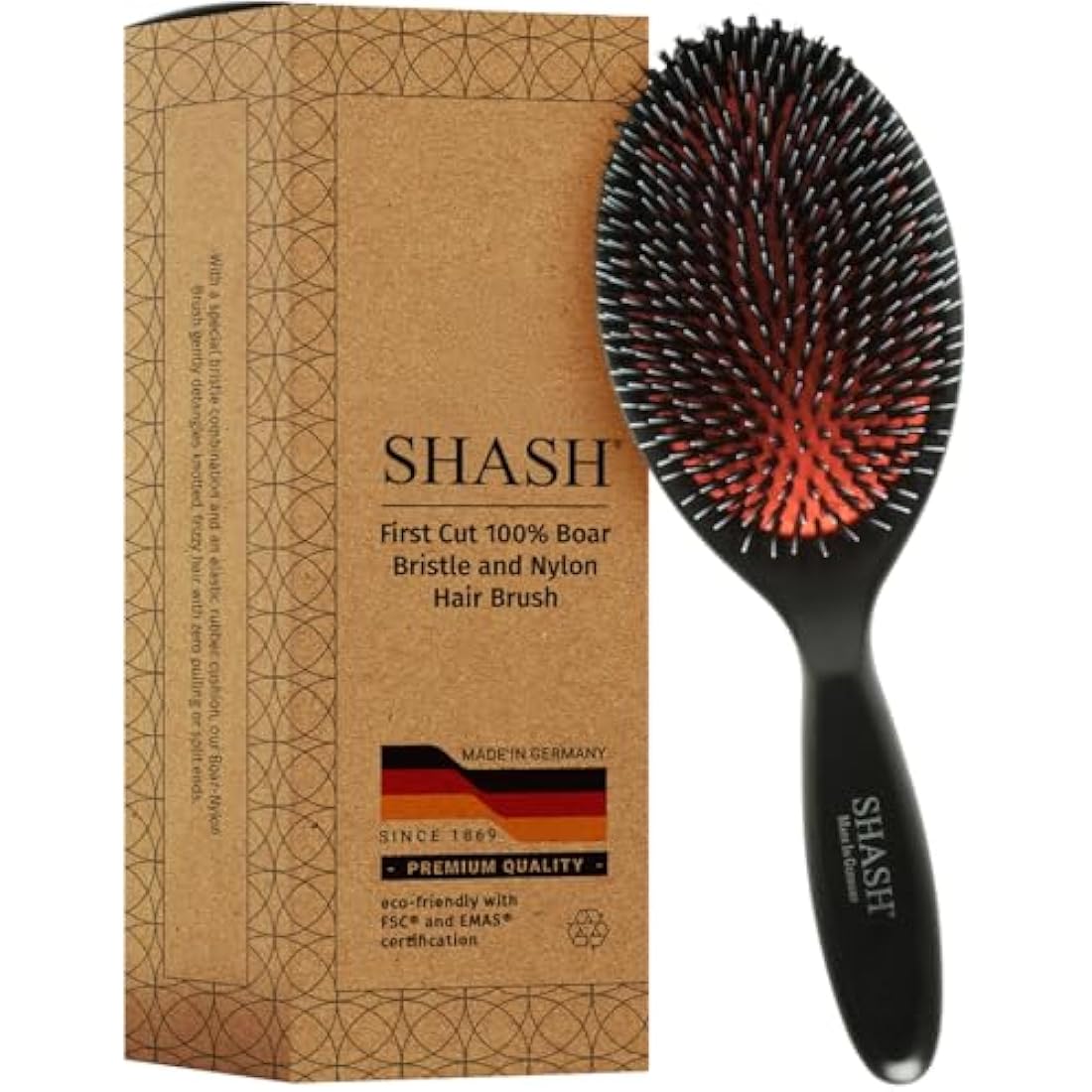 SHASH Since 1869 Made In Germany - Nylon Boar Bristle Brush For Normal To Thick Hair, Gently Detangles, No Pulling or Split Ends - Improves Hair Texture, Soothes and Stimulates Scalp (Large)