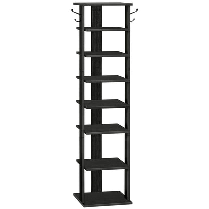HOOBRO Tall Shoe Rack Wooden, Narrow Shoe Storage Organizer with 2 Hooks, Slim Shoe Shelf, Vertical Shoe Tower for Entrance, Living Room, Hallway