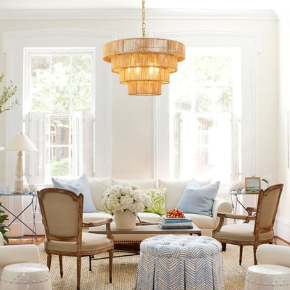 Schindora 50CM Boho Pendant Light,Hand-Woven Rattan Lampshade 6-Lights Light Shade 4 Round Transitional Rustic Large Lamp Shades Ceiling for Kitchen Island Bedroom Dining Room Living Room,Brass