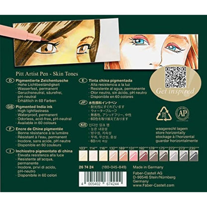 Faber-Castell Art & Graphic Pitt Artist Pen Brush India Ink Pen, Portrait, Set Of 12, For Art, Craft, Drawing, Sketching, Home, School, University, Colouring