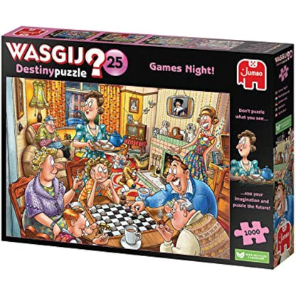 Wasgij Destiny 25, Games Night - 1000 Piece Jigsaw Puzzles for Adults - Colourful, Fun, Challenging & Brainteasing Adults Jigsaw Puzzle, Puzzle the Future - 100% Recycled Cardboard, 1000pcs - Jumbo