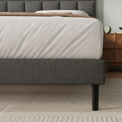 Yocreat Double Bed Frame, Easy Assembly, Sturdy Wooden Slat Support, Upholstered Platform with Headboard, No Box Spring Needed, Gray Double Bed 135×190