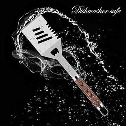 ROMANTICIST 29pcs BBQ Grill Tool Set for Men Dad, Heavy Duty Stainless Steel Grill Utensils Set, Non-Slip Grilling Accessories Kit with Thermometer, Mats in Aluminum Case for Travel, Outdoor Brown