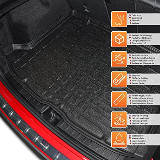 SCOUTT Boot Liner, Boot Mat fits Clio mk3 Hatchback 2005-2012 With HookWater Resistant, Pet Friendly Equipment, Anti Slip, Raised edges, Tailored Fit, Easy to Roll and Clean