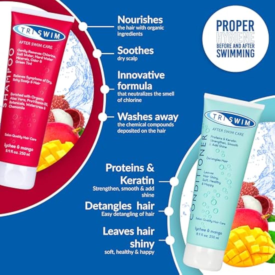 TRISWIM - Chlorine Removal Hair Care Bundle, After Swim Care Shampoo and Moisturizing Conditioner, Anti-Chlorine Hair Protection For Swimmers, Removes Green Tint, Vegan & Cruelty Free (250+250 ml)