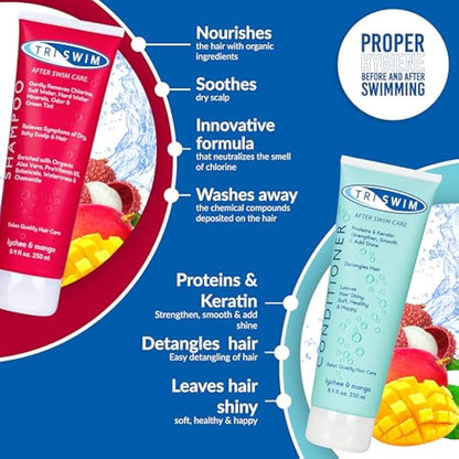 TRISWIM - Chlorine Removal Hair Care Bundle, After Swim Care Shampoo and Moisturizing Conditioner, Anti-Chlorine Hair Protection For Swimmers, Removes Green Tint, Vegan & Cruelty Free (250+250 ml)