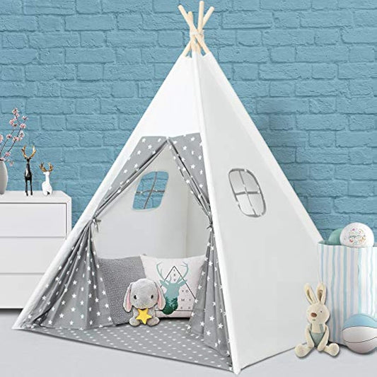 Wilwolfer Teepee Tent for Kids Foldable Children Play Tent for Girl and Boy with Carry Case 4 Poles White Canvas Playhouse Toy for Indoor and Outdoor Games (Grey Teepee Tent)