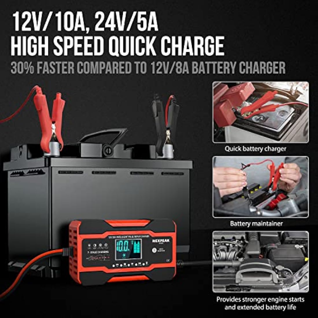 10-Amp Car Battery Charger, 12V and 24V Smart Fully Automatic Battery Charger with Temperature Compensation for Car Truck Motorcycle Marine Lead Acid Batteries