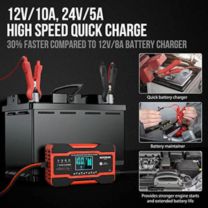 10-Amp Car Battery Charger, 12V and 24V Smart Fully Automatic Battery Charger with Temperature Compensation for Car Truck Motorcycle Marine Lead Acid Batteries