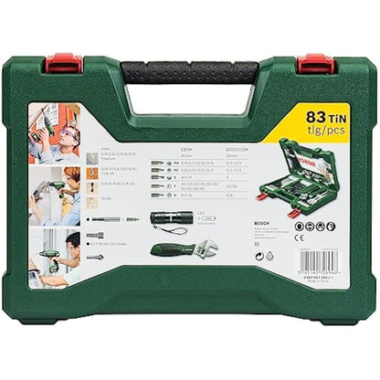 Bosch 83 pcs. Titanium Drill and Screwdriver Bit Set V-Line (with LED Torch and Adjustable Spanner, for Wood, Masonry and Metal, Accessories Drills and Screwdrivers)
