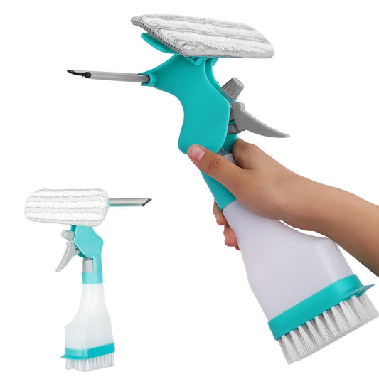 4-in-1 Window Cleaner, Spray Window Squeegee with Spray Bottle & Squeegee & Fabric Washer Head & Brush for Home Car Glass Cleaning