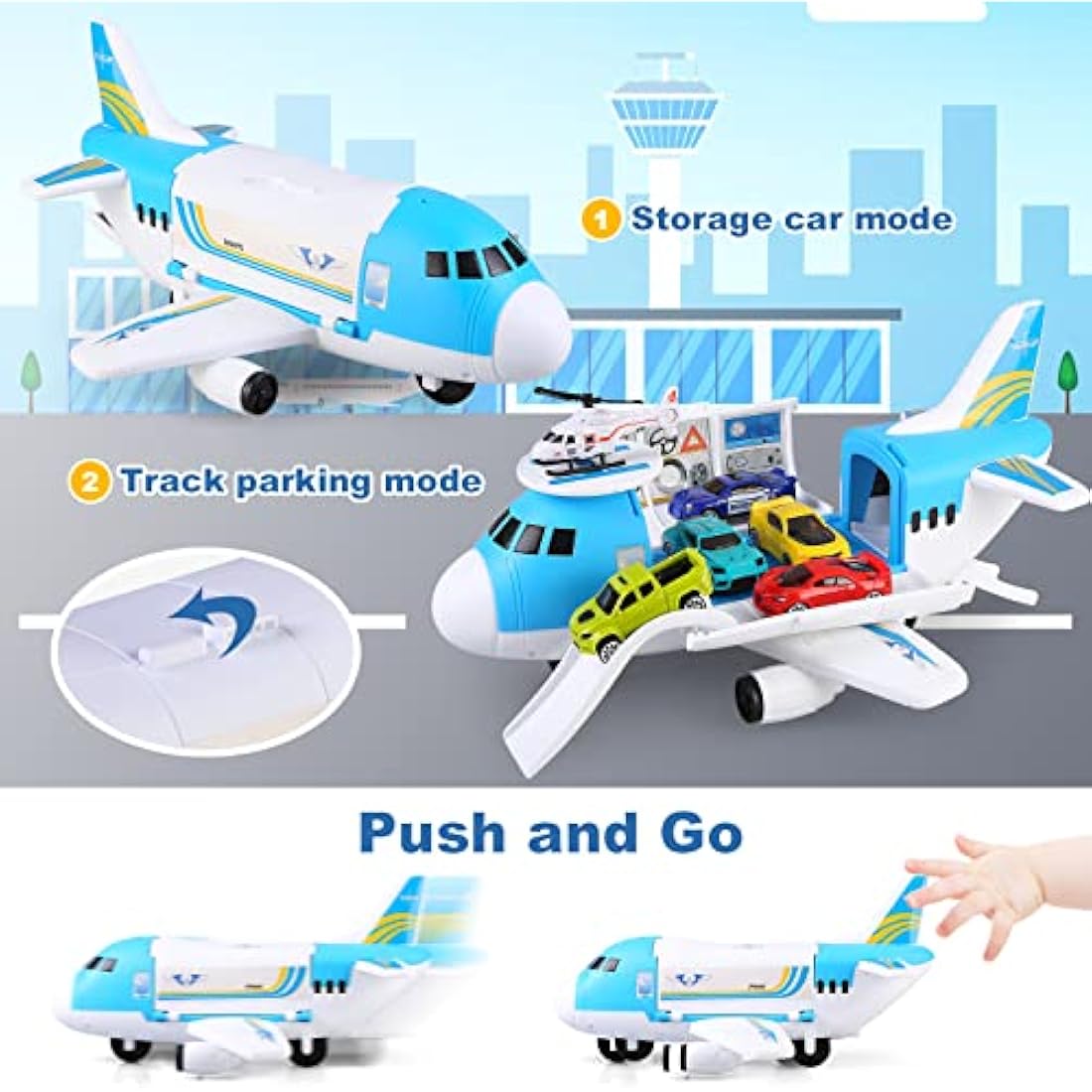 kramow Toy Cars for 3 Year Old Boys, Car Toys Set, Aeroplane Toys, Transport Airplane with 7 Sports Cars, 1 Off-Road Car, 1 Helicopter, Cargo Plane Toy Gifts for Kids Boys Girls age 3 4 5 6