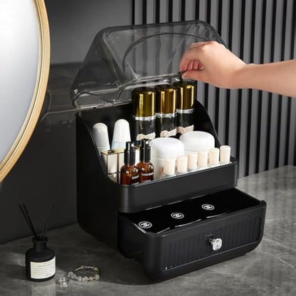 RMAN Makeup Organiser Portable Makeup Storage with Drawer and Clear Lid for Bedroom, Bathroom and Dressing Table, Waterproof and Dustproof - Black