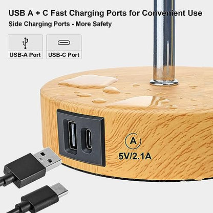 Wondlumi Bedside Lamps Set of 2, Modern Table Lamp with Type C & USB A Charging Ports, 3 Way Dimmable Table Light with Yellow Kraft Lampshade for
