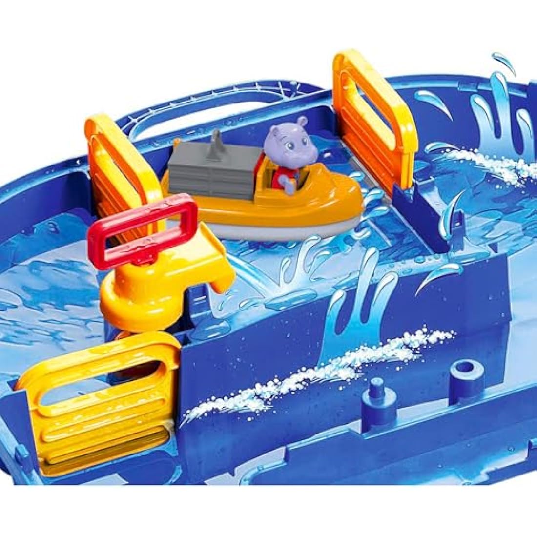 BIG Spielwarenfabrik 1650 AquaPlay - AmphieWorld - 145 x 156 cm Waterway, Includes 79 Pieces, Play Set Including 2 Boats, Amphibian Car and 3 Toy Figures, for Children from 3 Years
