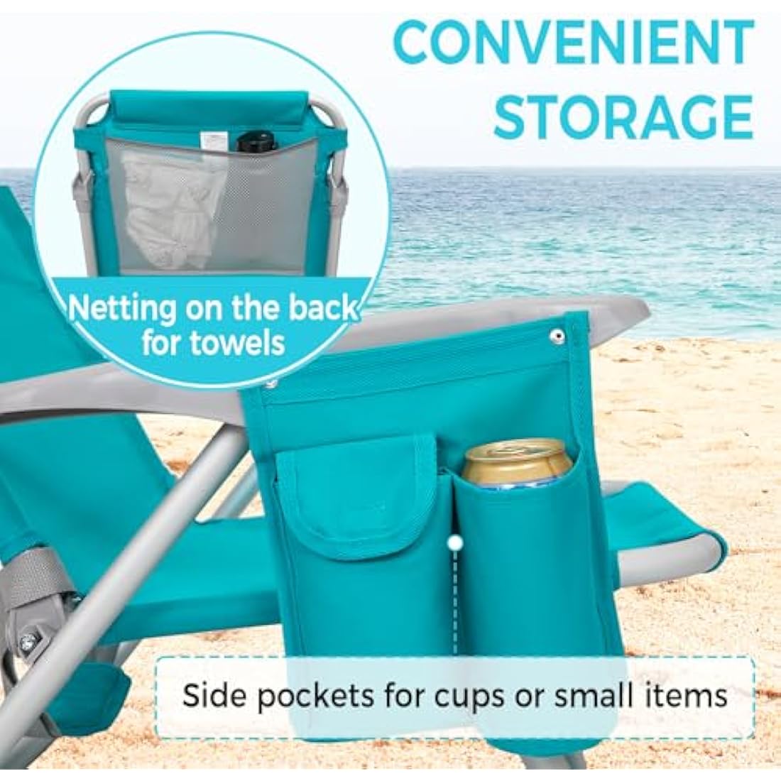 #WEJOY 4-Position Folding Beach Chair - Lightweight Aluminum Camping Chair for Adults, High Back Recliner with Pillow & Storage Pocket, Portable