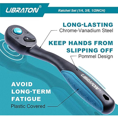 LIBRATON Ratchet Handle, 3 PCS 1/4", 3/8", 1/2" Heavy Duty Drive Ratchet Socket Wrench with Quick-Release Head, 72 Teeth, Reversible Design, Comfort Grip for Car Repair, EVA Organizer