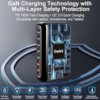 600W USB C Charger 8-Port Fast GaN Charger 140W/100W/30W USB C Charging Station Multi Port Power Adapter for Laptop, MacBook Pro, Dell XPS, iPad, iPhone, Samsung