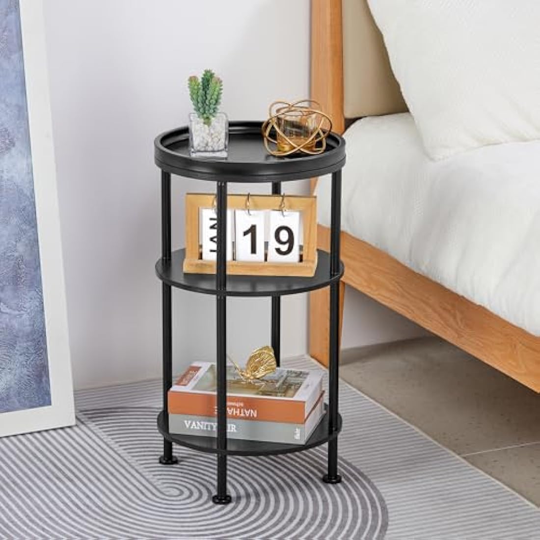 YEAKOO Nordic End Table, 3-Tier 30cm Round Side Table with Storage Shelf Edge Protection Tray, Sturdy Metal Frame Coffee Table Bedside Table for Living Room Bedroom Small Spaces/Black