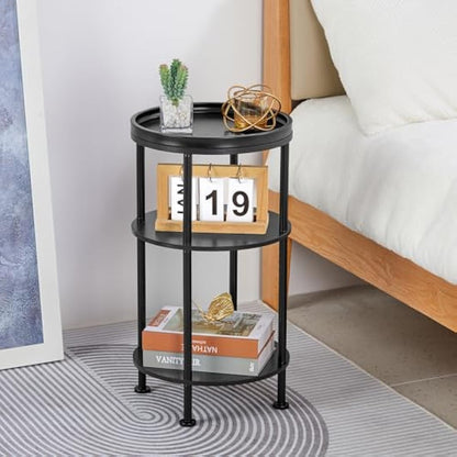 YEAKOO Nordic End Table, 3-Tier 30cm Round Side Table with Storage Shelf Edge Protection Tray, Sturdy Metal Frame Coffee Table Bedside Table for Living Room Bedroom Small Spaces/Black