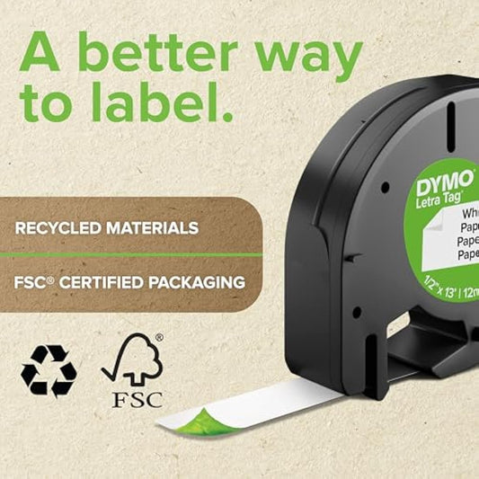 DYMO Branded LetraTag Plastic Labels | 12 mm x 4 m Roll | Black Print on White Labels | Multipurpose, Self-Adhesive Labels for LetraTag Label Makers | 1 Count