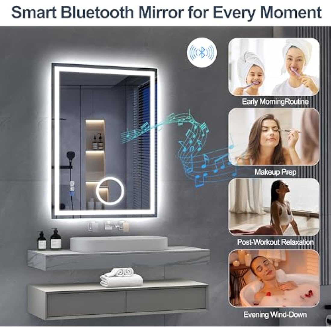 S'bagno Bluetooth Bathroom Mirror with LED Lights 80x60cm, LED Mirror Bathroom with 5x Magnifier, Anti-Fog, 3000-6500K, Dimmable, Memory, HD Tempered Glass, IP44 Waterproof, Horizontal/Vertical