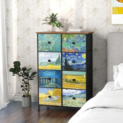 VEDECASA Van Gogh Drawer Dresser for Bedroom Chest of Drawers with Sturdy Steel Frame Wood Top Drawer Storage Organizer for Entryway Living Room Hallway Office (8 Drawers)