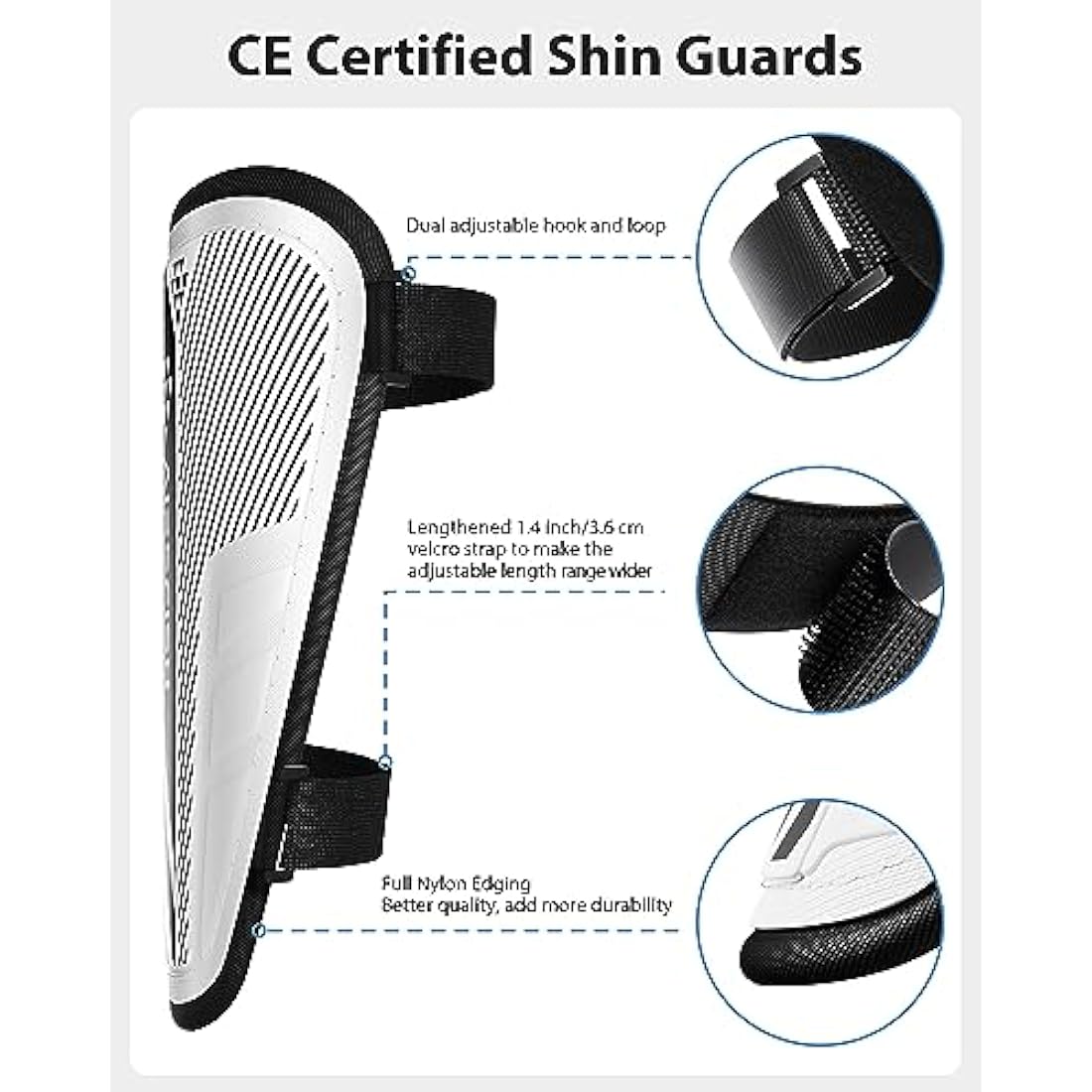 AirsFish Shin Pads Boys CE Certified Kids Shin Pads with Ankle Protection,Breathable Non Slip Extended Adjustable Straps (Black-White, XS(100-120CM))