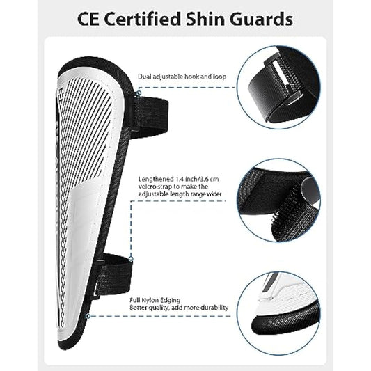 AirsFish Shin Pads Boys CE Certified Kids Shin Pads with Ankle Protection,Breathable Non Slip Extended Adjustable Straps (Black-White, XS(100-120CM))
