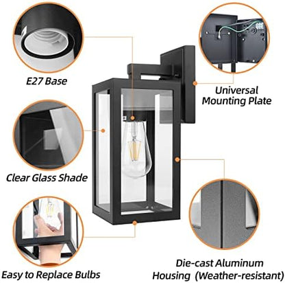 BRIMMEL Outdoor Wall Lights Black Wall Lantern Porch Light, Aluminum Exterior Wall Lanterns with Clear Glass Shade Anti-Rust Outdoor Wall Sconce Light Fixture, Matte Black, 2 Packs