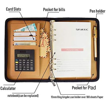 Gift for Men,SAYEEC A5 Executive Conference Folder Travel Portfolio Ringbinder Folio Zip Around PU Leather Loose Leaf Refillable Lined Paper Business Notebook Zipped Organiser with Calculator (Blue)