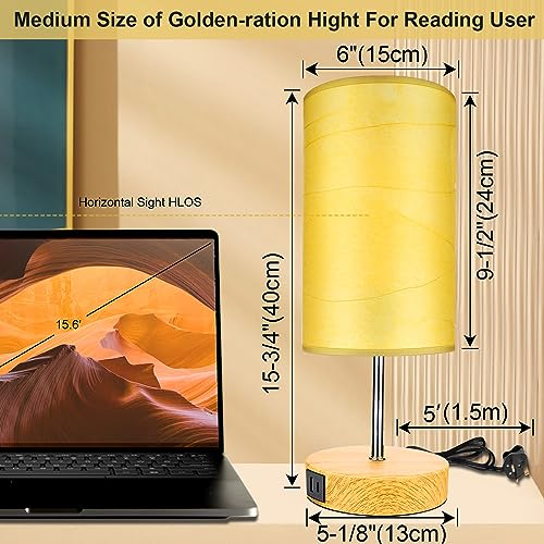 Wondlumi Bedside Lamps Set of 2, Modern Table Lamp with Type C & USB A Charging Ports, 3 Way Dimmable Table Light with Yellow Kraft Lampshade for