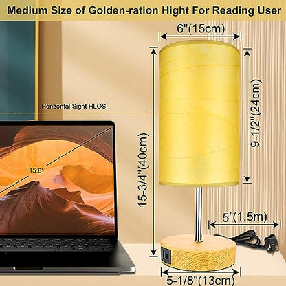 Wondlumi Bedside Lamps Set of 2, Modern Table Lamp with Type C & USB A Charging Ports, 3 Way Dimmable Table Light with Yellow Kraft Lampshade for