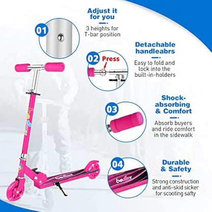 BELEEV V1 Scooter for Kids, 2 Wheels Folding Kick Scooter for Children Girl and Boys, 3 Adjustable Height, Flashing Light up Wheels, Lightweight Scooter with Sturdy Frame, Kickstand, Age 3-12