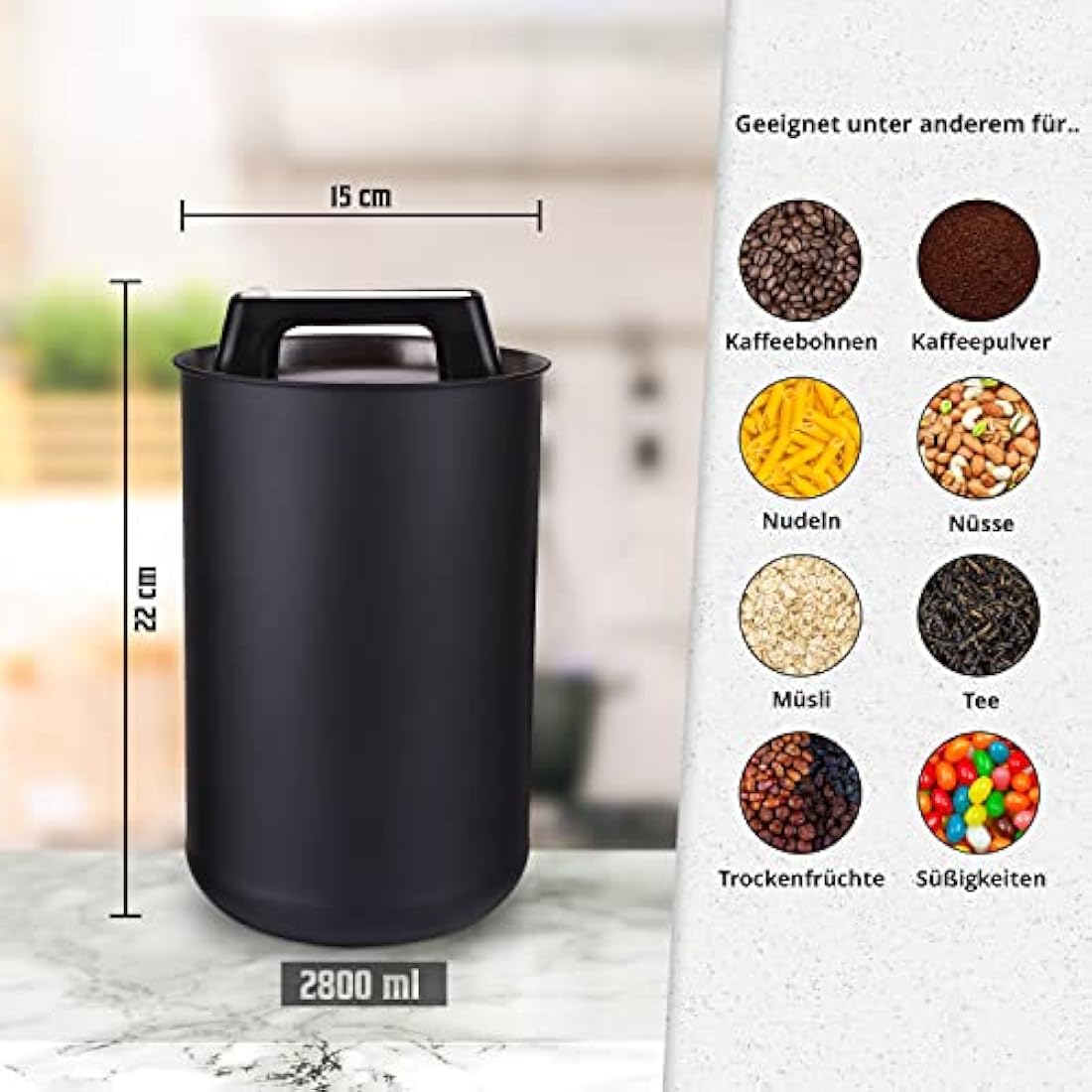 KC Kitchen & Co. Coffee Can Airtight for 1 kg Coffee Beans with Vacuum Lid (Holder for Coffee, Tea, Stainless Steel Storage Tin, Aroma Close, Storage Tin, Matte Black, 2800 ml
