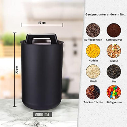 KC Kitchen & Co. Coffee Can Airtight for 1 kg Coffee Beans with Vacuum Lid (Holder for Coffee, Tea, Stainless Steel Storage Tin, Aroma Close, Storage Tin, Matte Black, 2800 ml