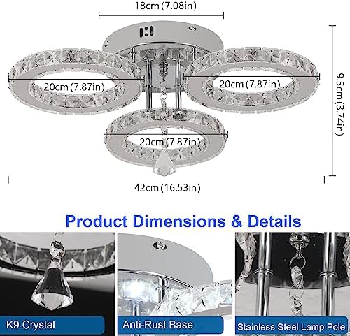 VETRULUS LED Ceiling Light Modern Dimmable with Remote Control Crystal Chandeliers Flush Mount Light Fixture for Living Room Bedroom Kitchen