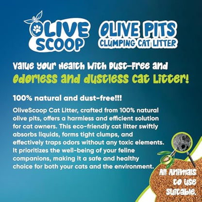 OLIVE SCOOP 100% Natural Dust-Free Clumping Cat Litter – Natural Olive Pits, Unscented, Biodegradable, Low Tracking, Odor Control, Safe for Kittens & Multi-Cat Homes - 24L (8Lx3Pack)